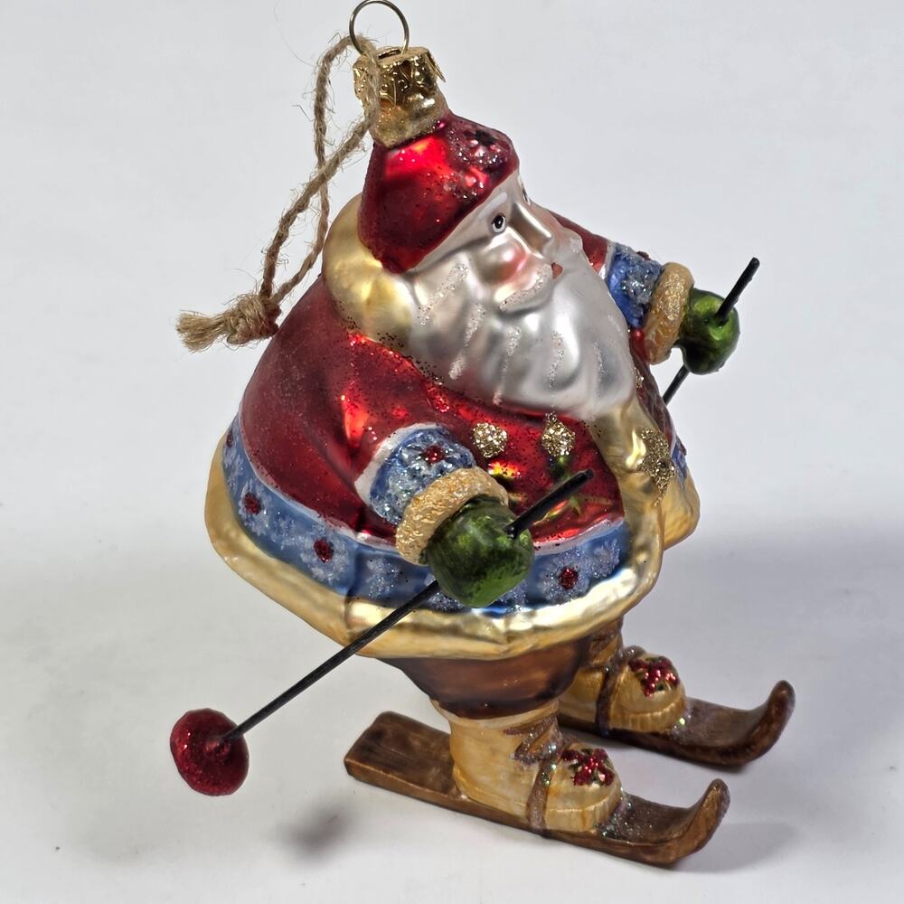 Santa Claus Skiing Blown Glass Christmas Ornament Glitter Ski Lodge Holiday 5"